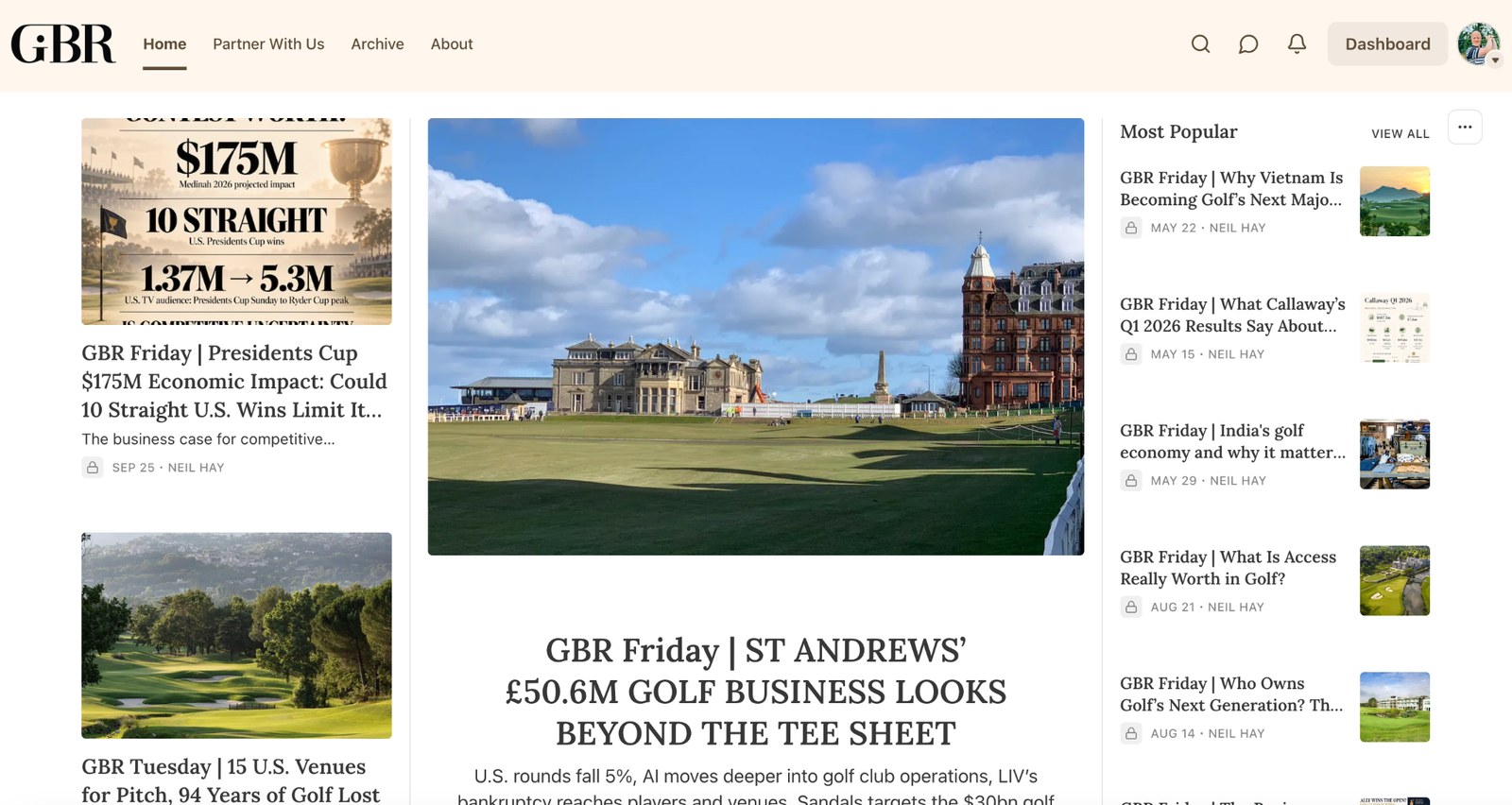 Golf Business Review homepage featuring golf industry articles by Senior Writer Neil Hay